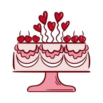 A multi-tier cake adorned with red hearts and cherries, each tier wrapped with Stock Illustration