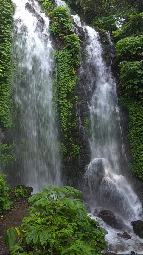 Multi-Tier Waterfall at Banyu Wana Amertha, Bali, Slow Right Pan, Vertical Stock Footage 346507910