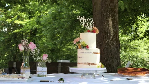 Multi-tier wedding cake with fruity decoration on a table. Stock Footage 197532489