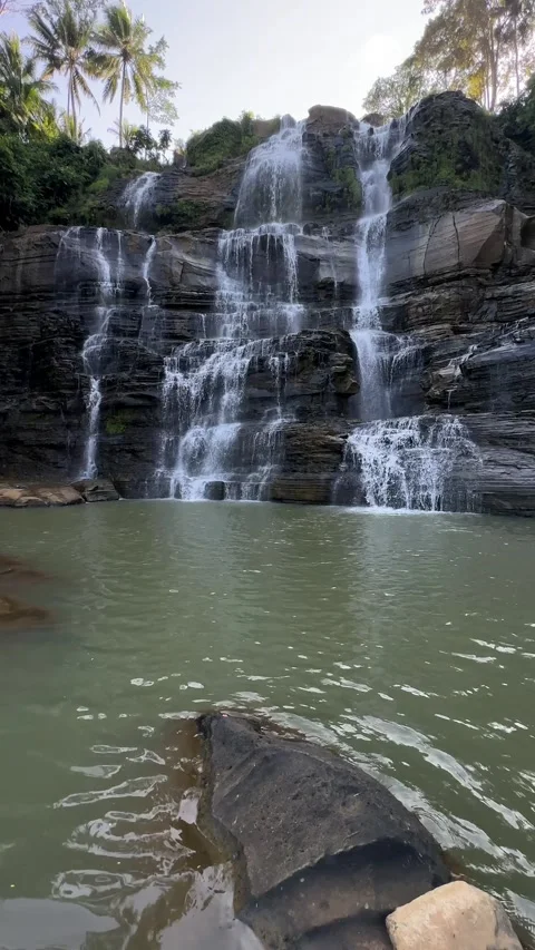 Multi-tiered Waterfall Cascading into Green Pool, Lush Jungle, Static Vertical Stock Footage 324772568