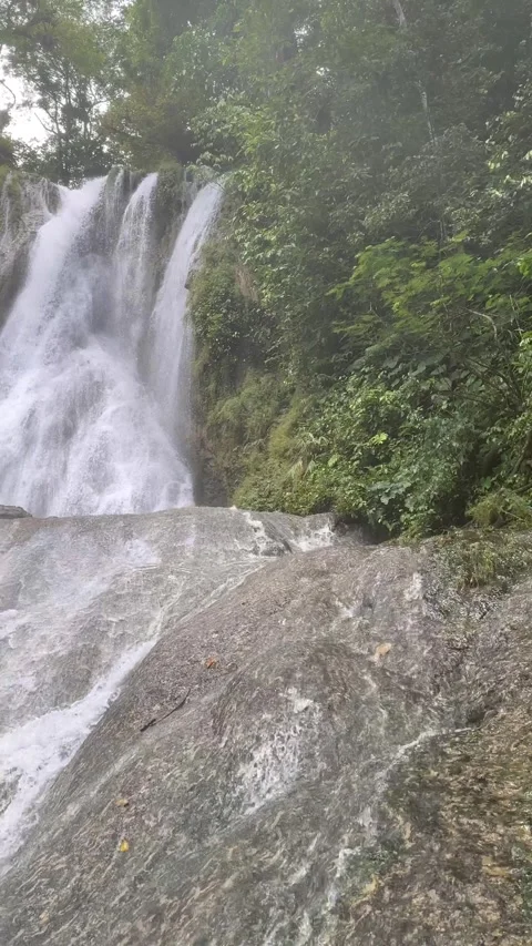 Multi-Tiered Waterfall Cascading in Lush Tropical Jungle, Vertical Panning Shot Stock Footage 325304115