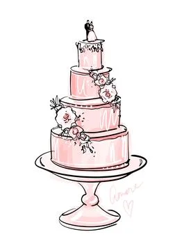 Multi-tiered wedding cake on a stand decorated with roses with a topper of bride Stock Illustration