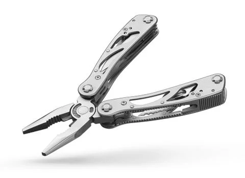 Multi tool with expanded tools and pliers isolated on white background Stock Photos