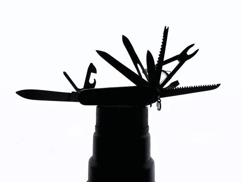 Multi Tool Knife Silhouette Black And White Concept Image Foto stock
