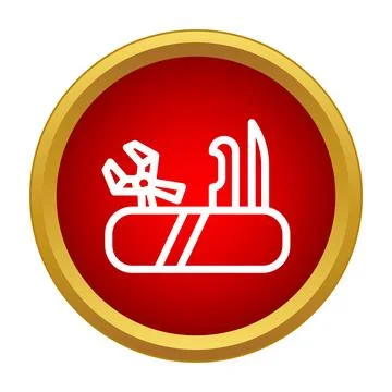 Multi tool swiss army knife icon on red button 스톡 일러스트