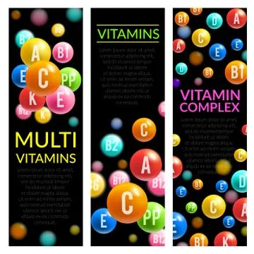 Multi vitamin complex pills vector banners Stock Illustration