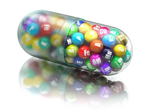 Multi vtamin complex with different elements in capsule or pill.  Dietary sup Stock Illustration
