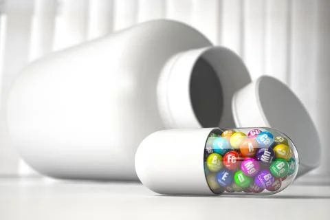 Multi vtamin complex with different elements in capsule or pill.  Dietary sup Stock Illustration