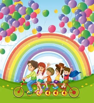 A multi-wheeled bike below the floating balloons near the rainbow Illustrazione stock