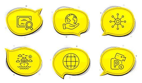 Multichannel, Globe and Parking security icons set. Ship travel sign. Vector 스톡 일러스트