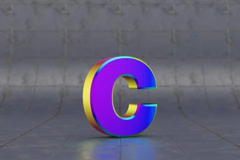 Multicolor 3d letter C lowercase. Glossy iridescent letter on tile background Illustrazione stock