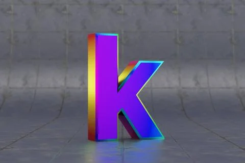 Multicolor 3d letter K lowercase. Glossy iridescent letter on tile background Illustration