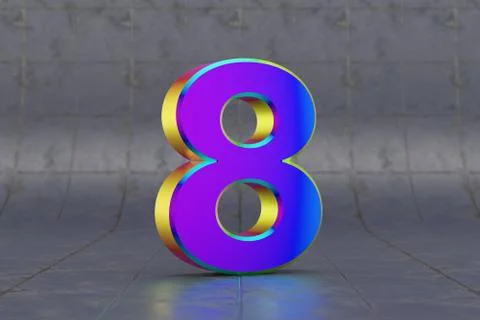 Multicolor 3d number 8. Glossy iridescent number on tile background. 3d rende Illustration