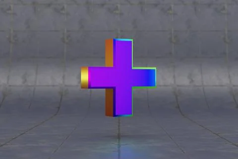 Multicolor 3d plus symbol. Glossy iridescent sign on tile background. 3d Ilustração Stock