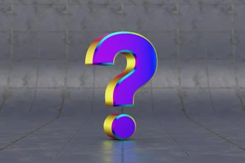Multicolor 3d question symbol. Glossy iridescent sign on tile background. 3d Illustrazione stock