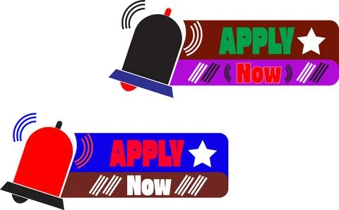 Multicolor apply now alert label vector with star icon and red emergency bell Stock Illustration