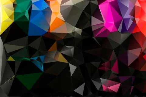 Multicolor background of triangles. Bright colors, dark abstract background Ilustração Stock