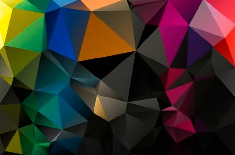 Multicolor background of triangles. Bright colors, dark abstract background Ilustração Stock