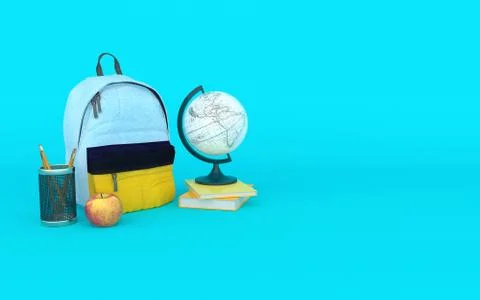 Multicolor backpack in blue background with books apple pencil and globe Back Stock Illustration