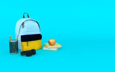 Multicolor backpack in blue background with books apple pencil and earphones イラスト素材