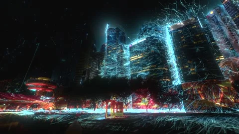 Multicolor bright explosion on gray city skyline. Cybercity concept Stock Footage 302206829