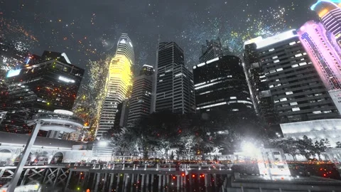 Multicolor bright explosion on gray city skyline. Cybercity concept Stock Footage 302206868