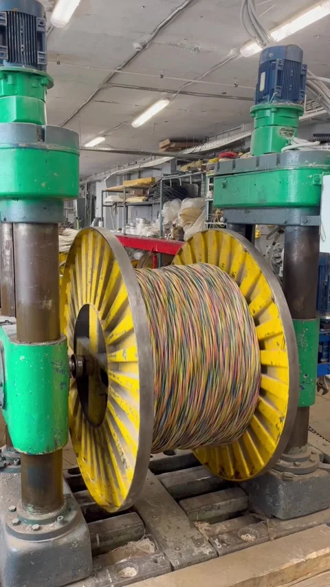 Multicolor cable on a large yellow reel turning on a machine. Industrial factory Stock Footage 322002867