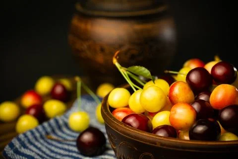 Multicolor cherries in the plate Stock Photos
