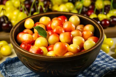 Multicolor cherries in the plate Stock Photos
