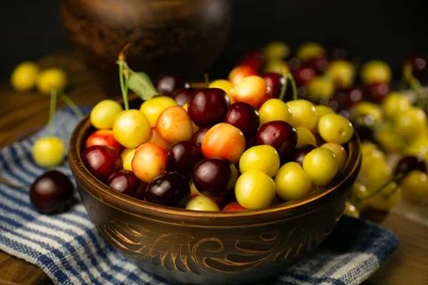 Multicolor cherries in the plate Stock Photos