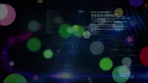 Multicolor circles floating over programming language, binary code and dots Stockbeeldmateriaal 203888669