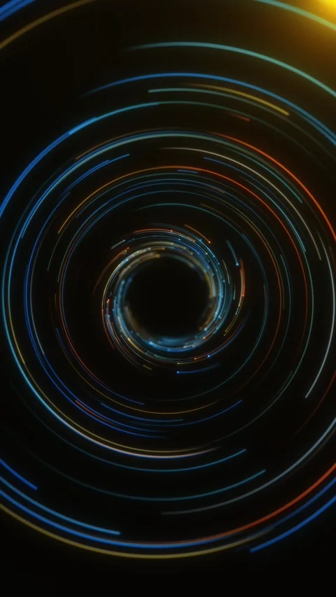 Multicolor circular light tunnel background with blue, orange, teal, and gold ri Stock Footage 340554203