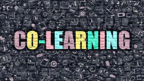 Multicolor Co-Learning on Dark Brickwall. Doodle Style Stock Illustration