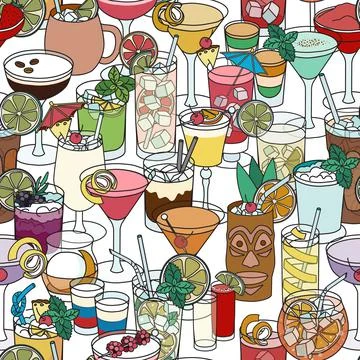 Multicolor cocktail seamless pattern. Hand-drawn cartoon doodle style vector 스톡 일러스트