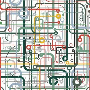 Multicolor composition with intersecting lines and circles. Seamless pattern. Stock Illustration