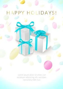 Multicolor confetti and gift boxes happy holidays poster design Stock Illustration