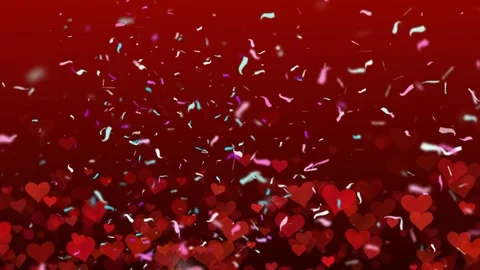 Multicolor confetti falling over a dark red background with floating heart Video stock 346218522