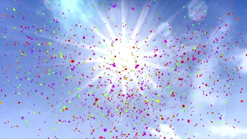 Multicolor confetti loop - blue sky background - sun star, lens flares - party Stock Footage 141532543