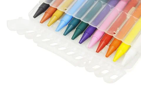 Multicolor crayons in plastic case Stock Photos