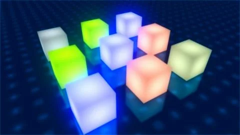 Multicolor cube boxes with nice illuminated lights on floor, 3D render Stock Illustration