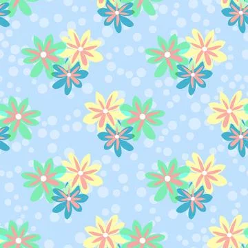 Multicolor Daisy Flowers Repeat Vector Pattern In Blue, Yellow And Green With Stock Illustration