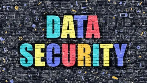 Multicolor Data Security on Dark Brickwall. Doodle Style Stock Illustration