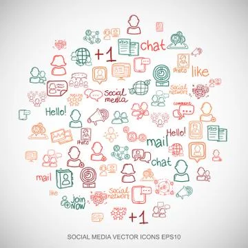 Multicolor doodles flat Hand Drawn Social Network Icons set In A Circle on Wh Stock Illustration