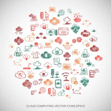 Multicolor doodles Hand Drawn Cloud Technology Icons set on White. EPS10 vector Stock Illustration
