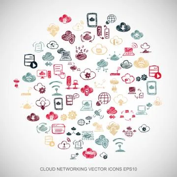 Multicolor doodles Hand Drawn Cloud Technology Icons set on White. EPS10 vector Stock Illustration