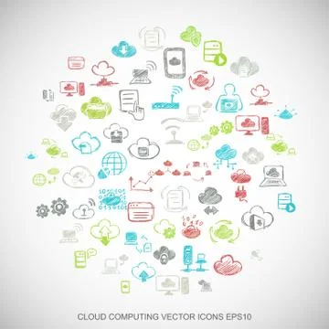 Multicolor doodles Hand Drawn Cloud Technology Icons set on White. EPS10 vector Stock Illustration