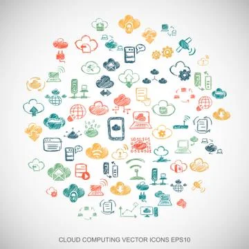 Multicolor doodles Hand Drawn Cloud Technology Icons set on White. EPS10 vector Stock Illustration