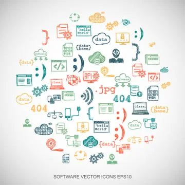 Multicolor doodles Hand Drawn Programming Icons set on White. EPS10 vector Illustration