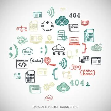 Multicolor doodles Hand Drawn Programming Icons set on White. EPS10 vector Illustration