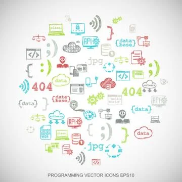 Multicolor doodles Hand Drawn Programming Icons set on White. EPS10 vector Illustration